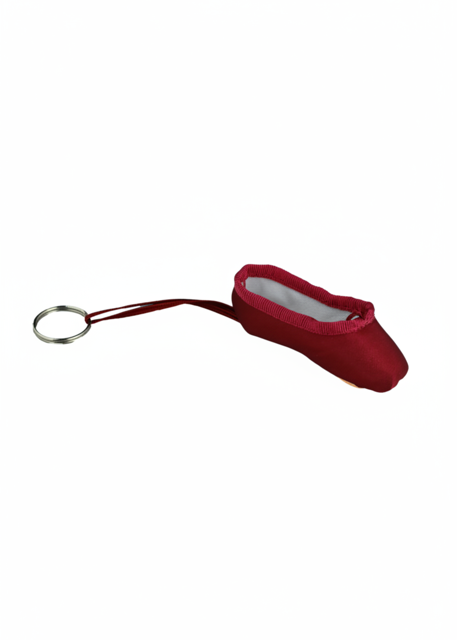 Burgundy mini pointe shoe keychain with realistic stitching and compact durable design