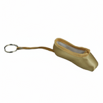 Gold mini pointe shoe keychain with realistic stitching and compact durable design