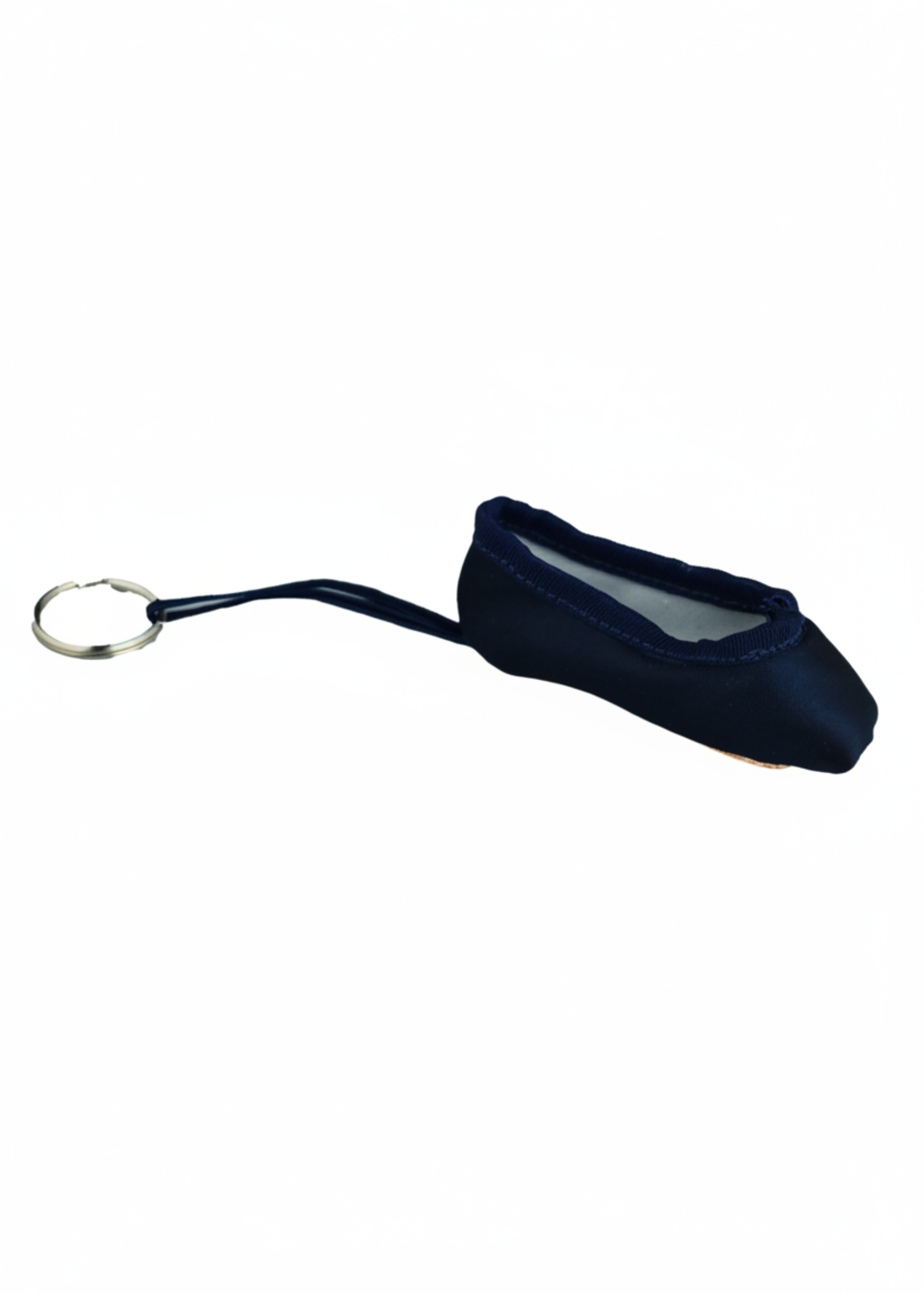 Navy mini pointe shoe keychain with realistic stitching and compact durable design