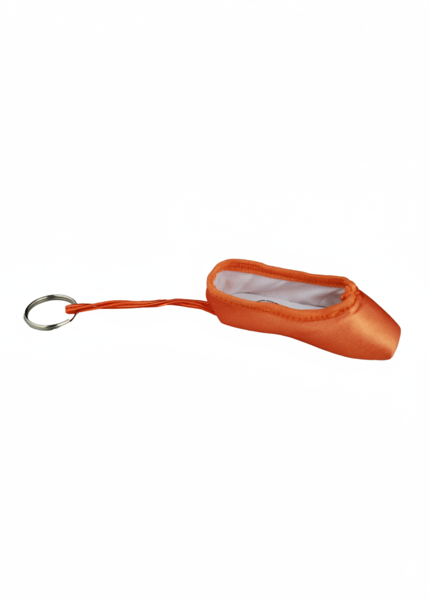Orange mini pointe shoe keychain with realistic stitching and compact durable design