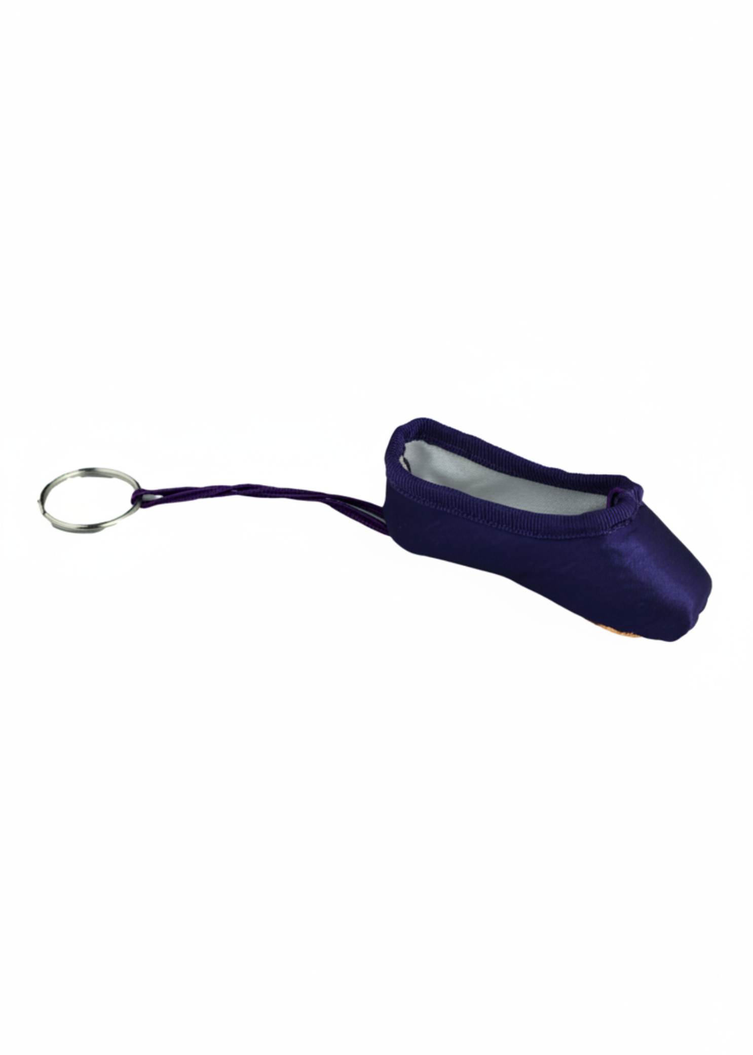Purple mini pointe shoe keychain with realistic stitching and compact durable design