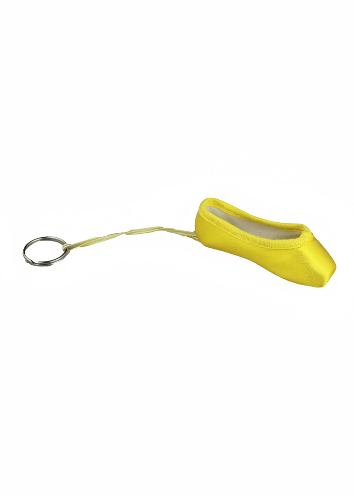 Yellow mini pointe shoe keychain with realistic stitching and compact durable design