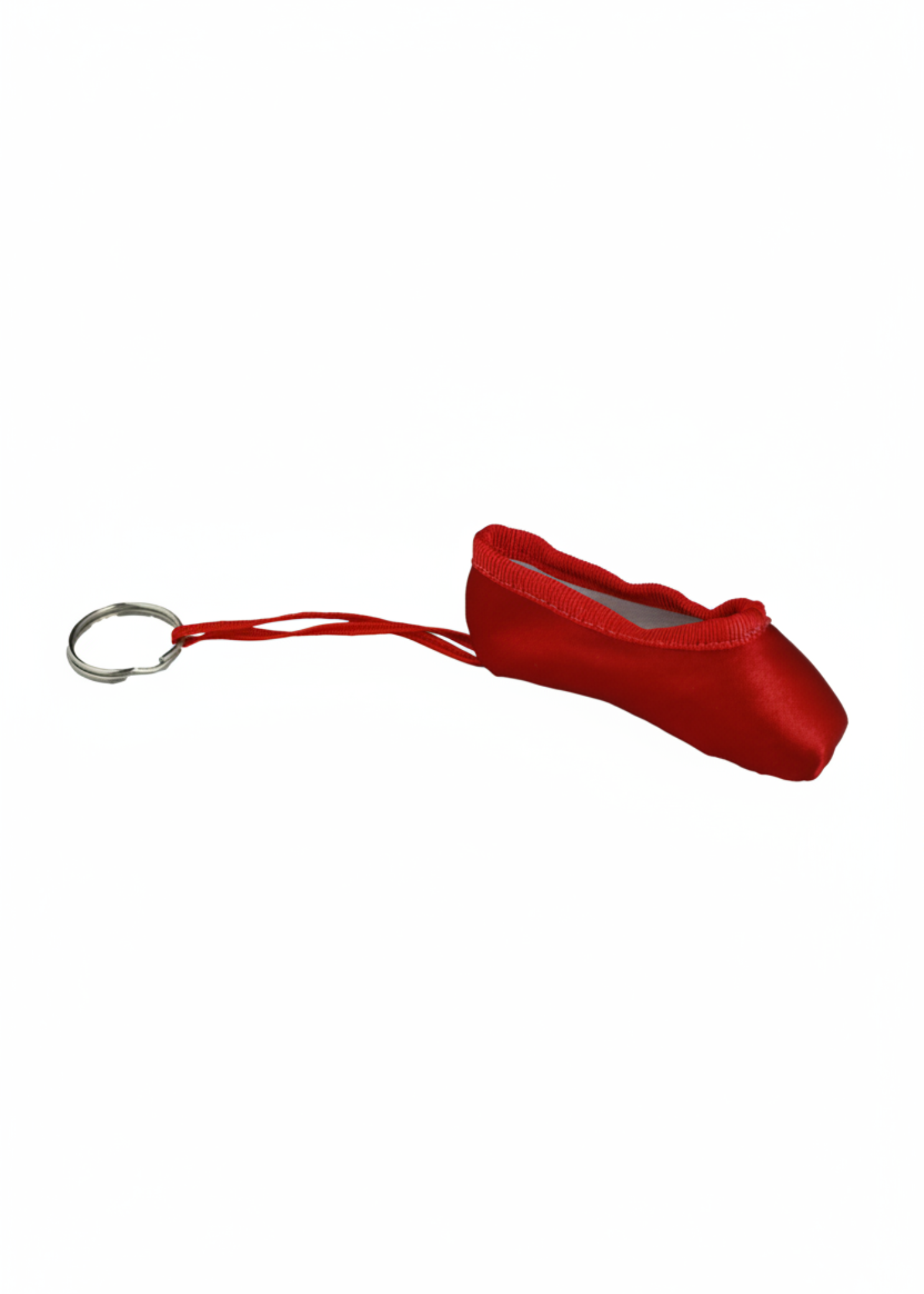 Red mini pointe shoe keychain with realistic stitching and compact durable design
