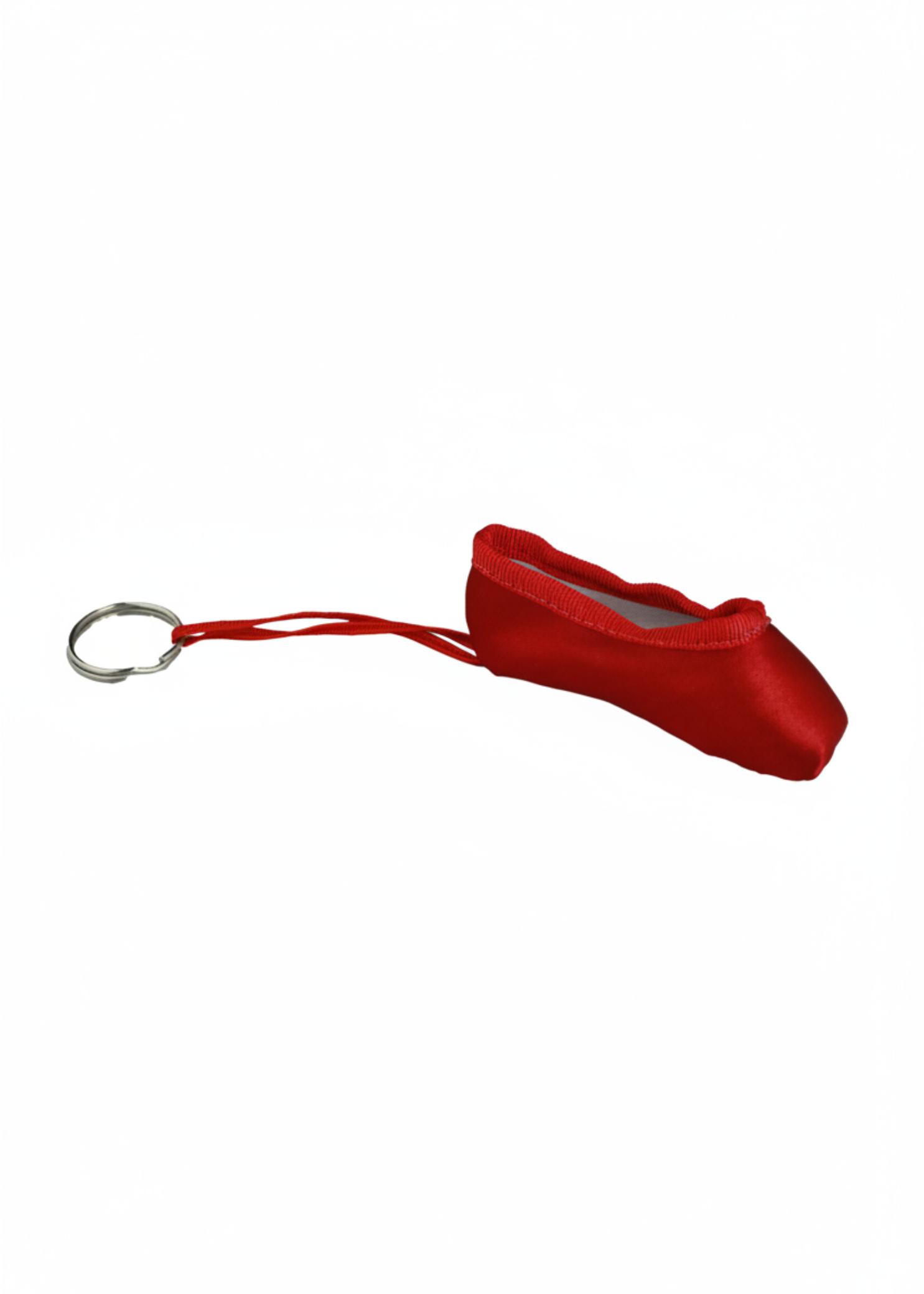 Red mini pointe shoe keychain with realistic stitching and compact durable design