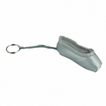 Silver mini pointe shoe keychain with realistic stitching and compact durable design