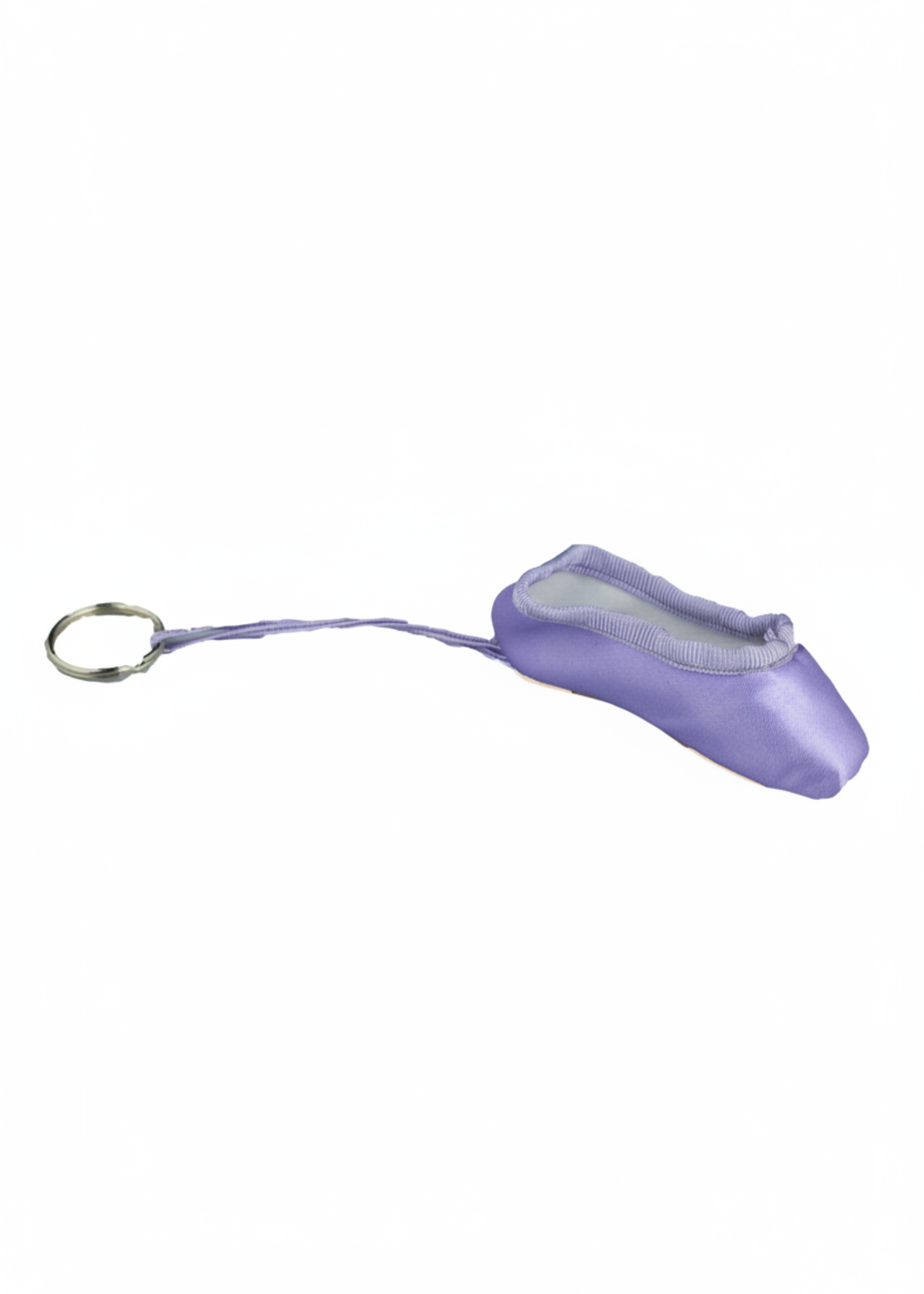 Lilac mini pointe shoe keychain with realistic stitching and compact durable design