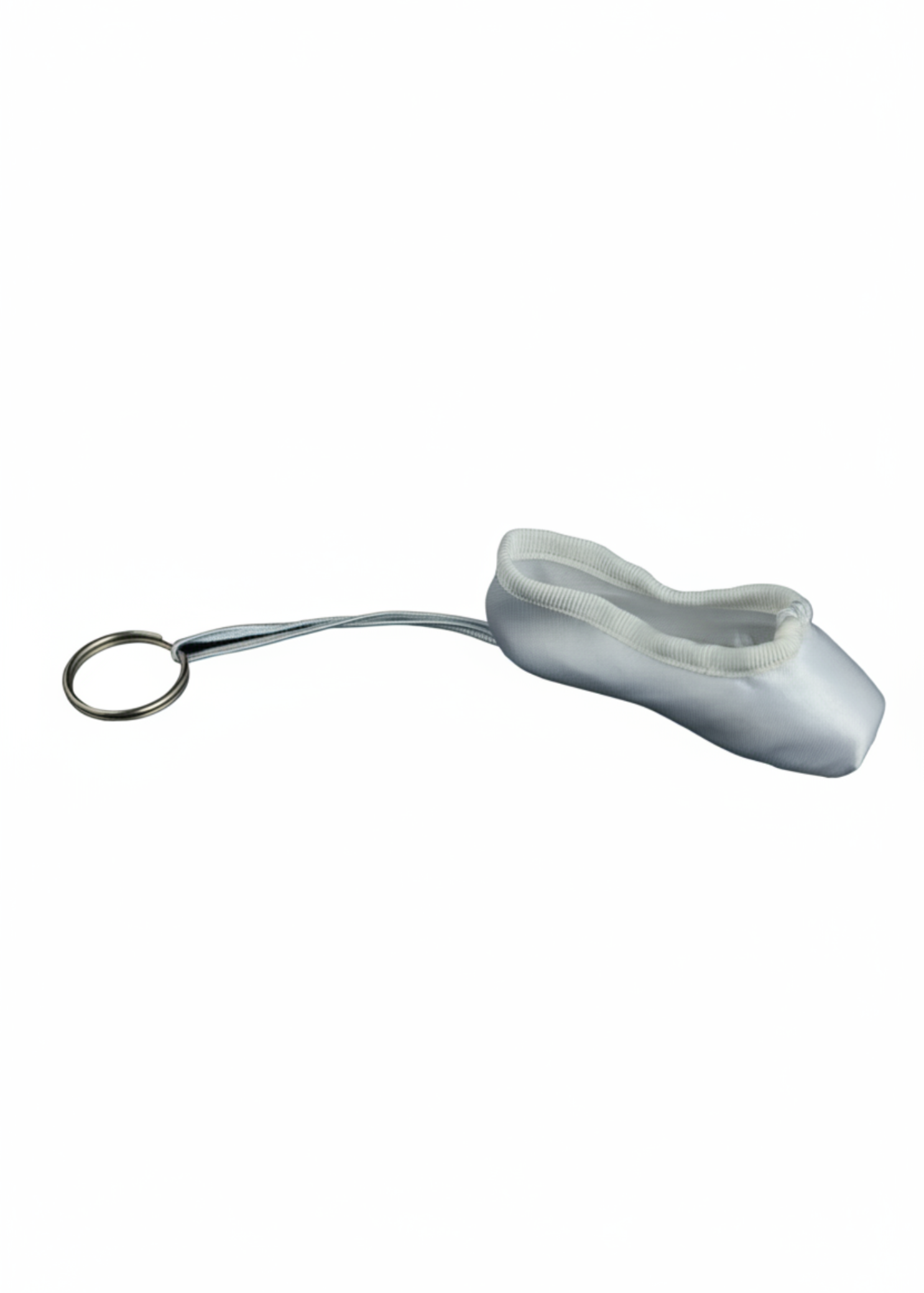White mini pointe shoe keychain with realistic stitching and compact durable design