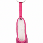 Hot Pink mini pointe shoe keychain with glitter accents and lightweight design