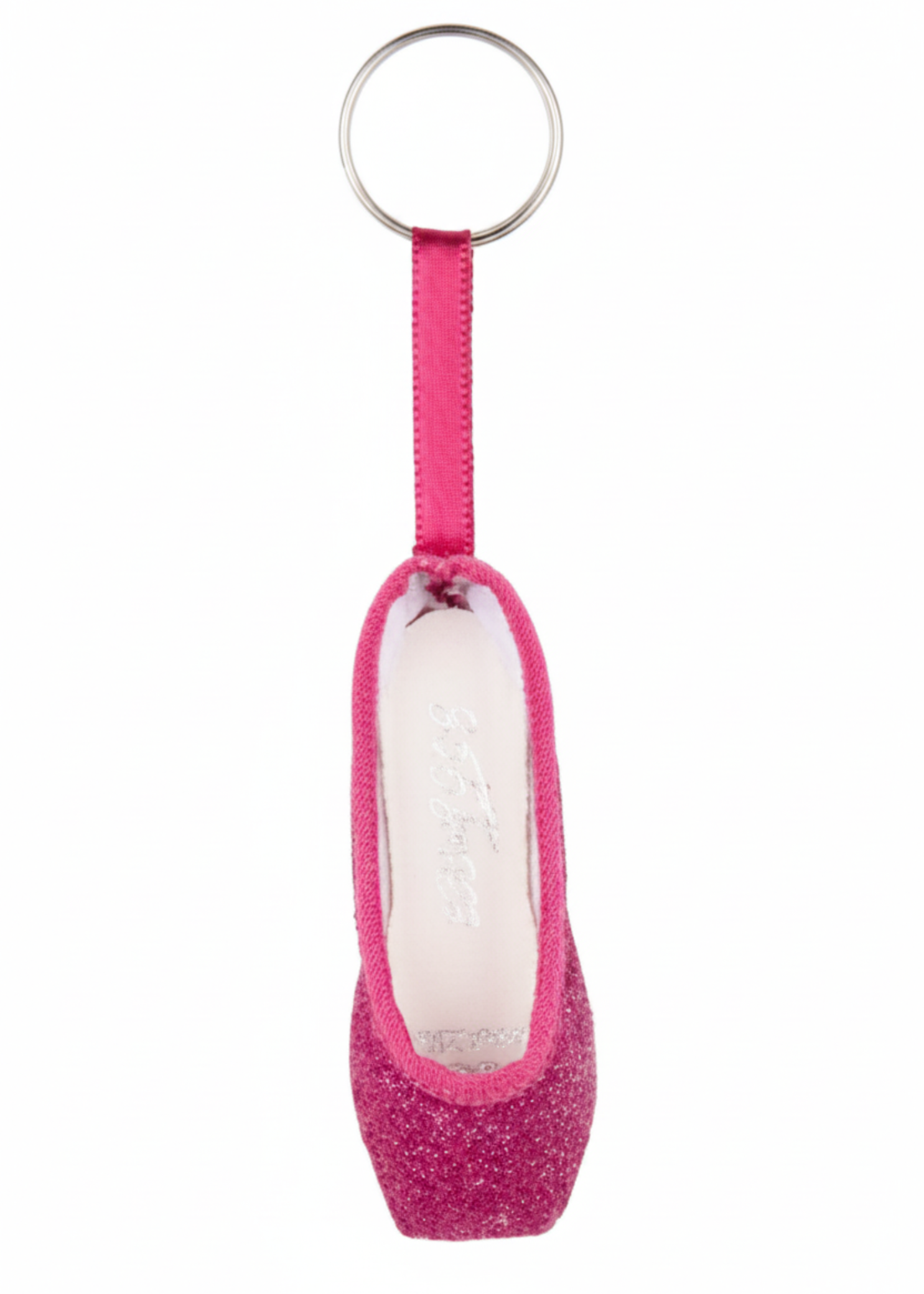 Hot Pink mini pointe shoe keychain with glitter accents and lightweight design