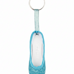 Blue mini pointe shoe keychain with glitter accents and lightweight design