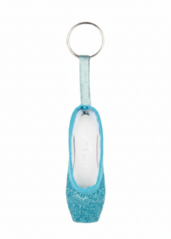 So Danca glitter mini pointe shoe keychain in Blue, side view showing turquoise glitter body, matching turquoise ribbon strap, white interior lining, and silver split key ring