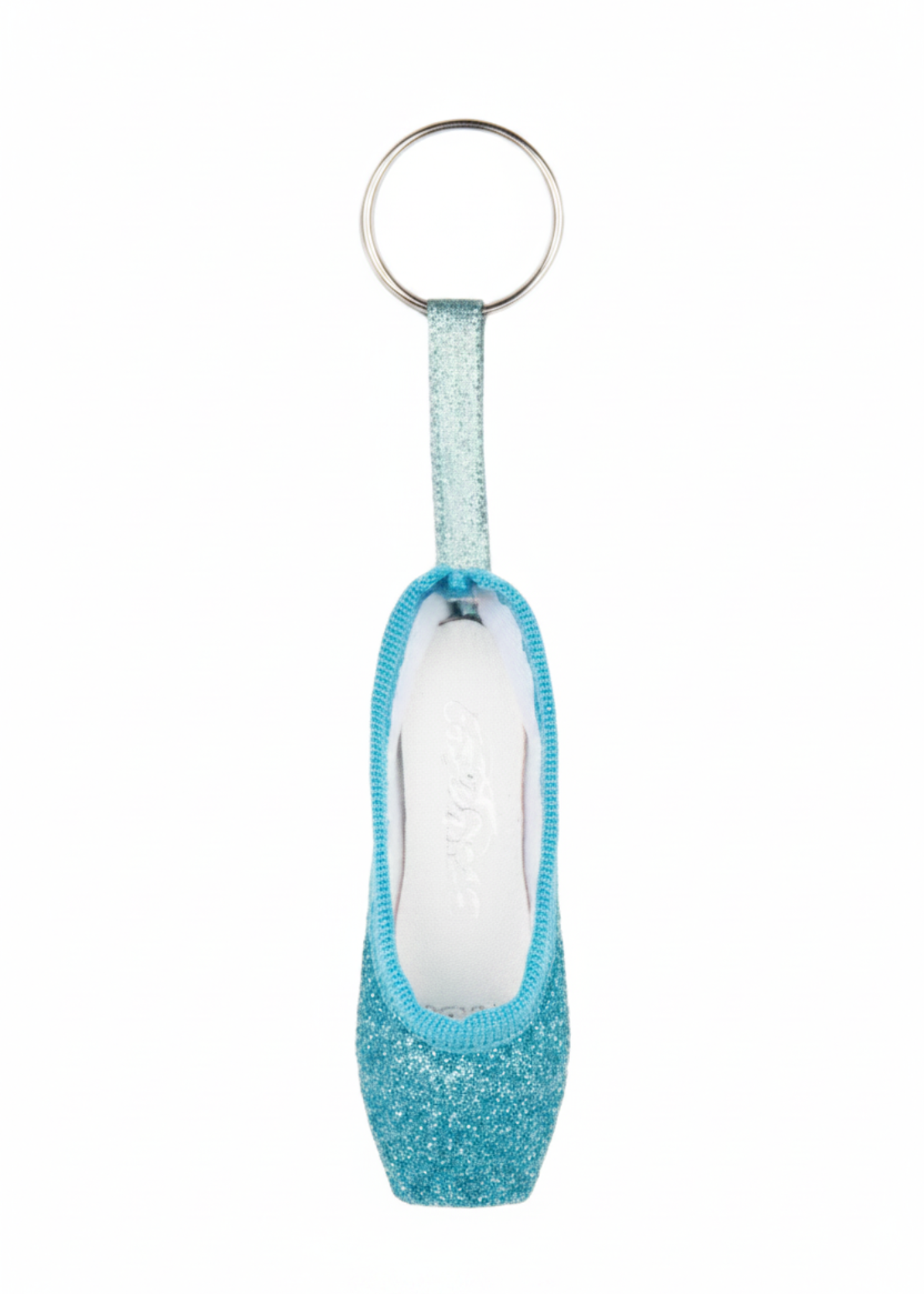 Blue mini pointe shoe keychain with glitter accents and lightweight design