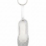 Silver mini pointe shoe keychain with glitter accents and lightweight design