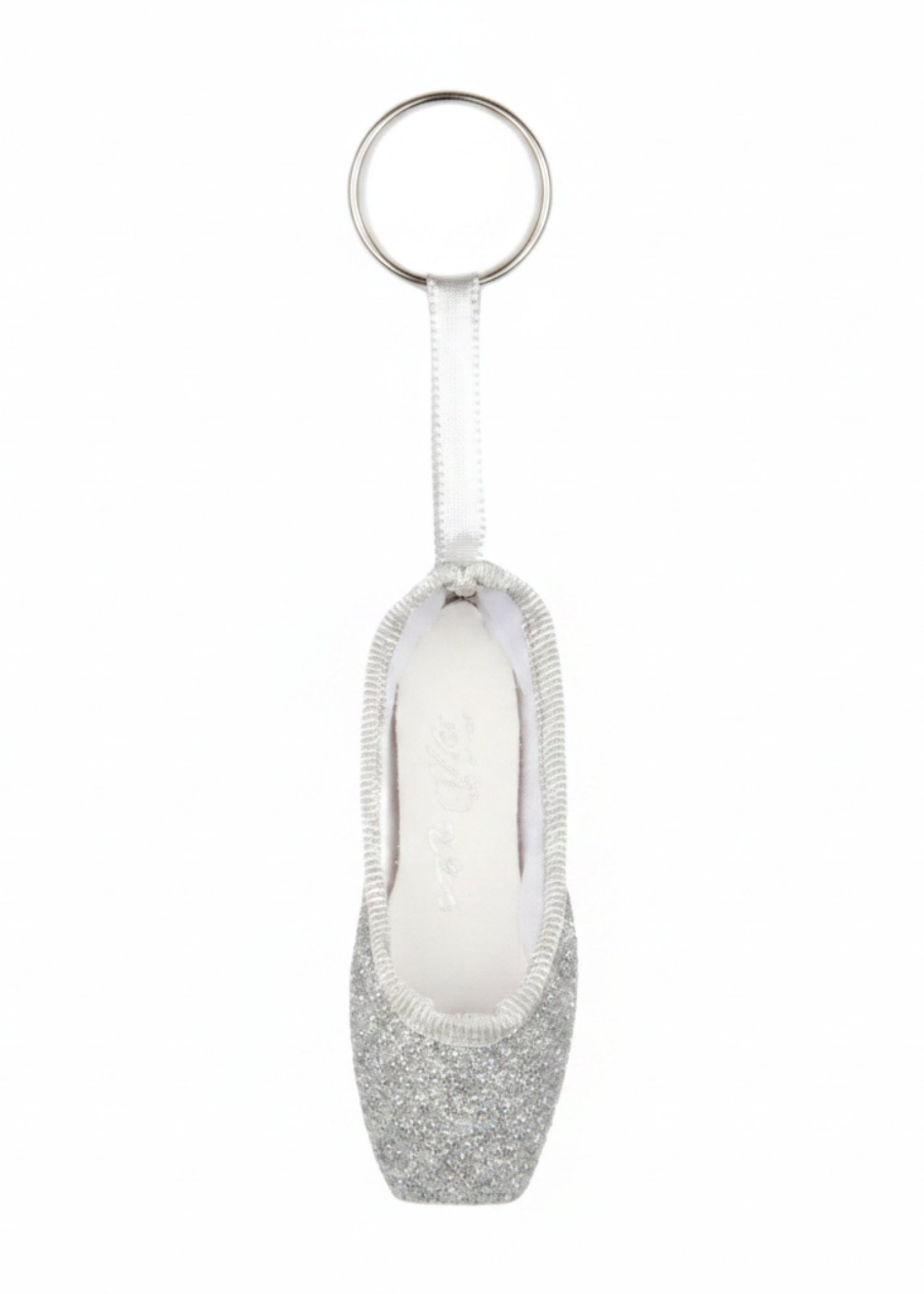 Silver mini pointe shoe keychain with glitter accents and lightweight design