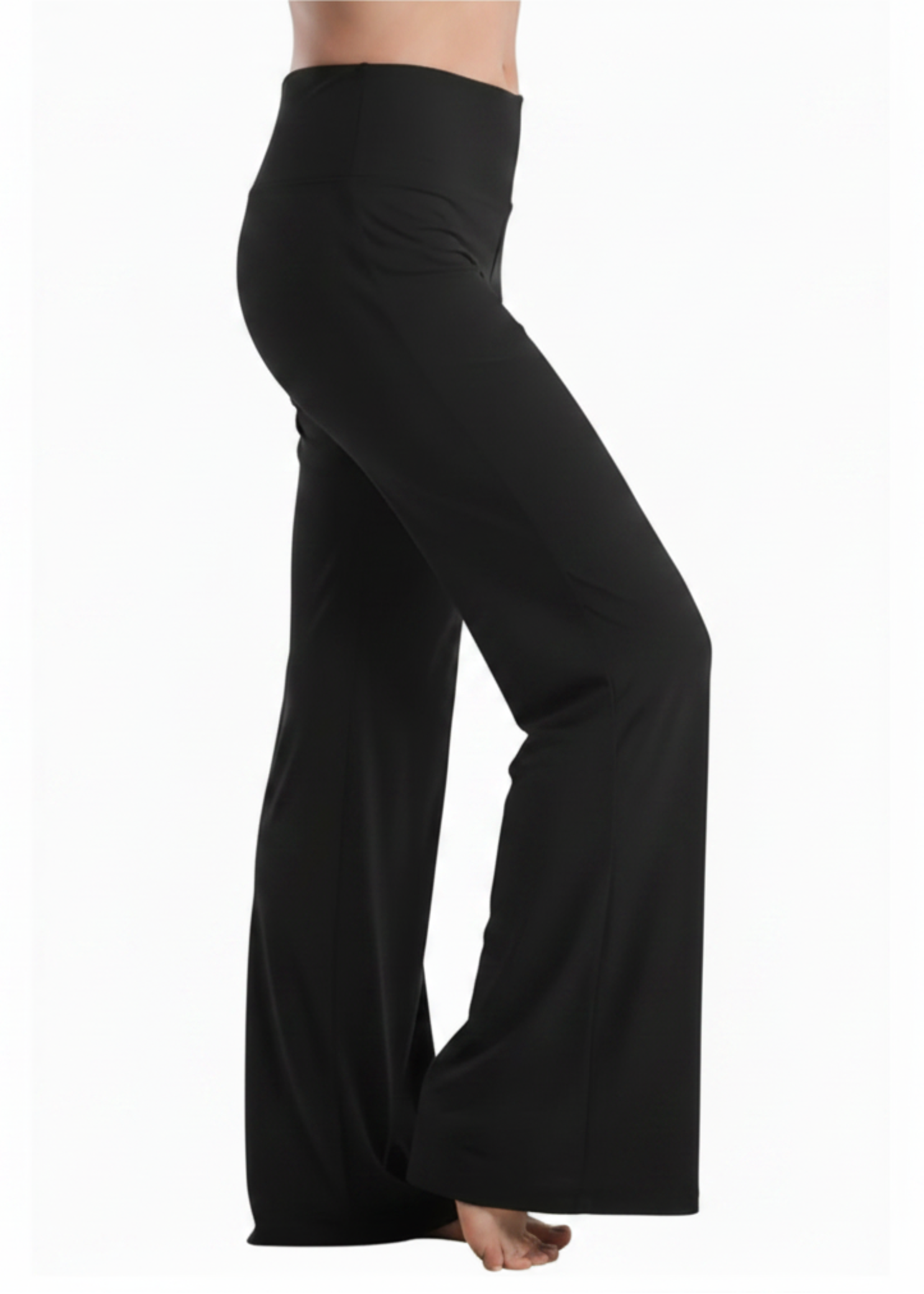 Ballet Pink Designs high waist jazz pant in Black, side view showing wide-leg silhouette with broad fold-over waistband and full-length flared leg